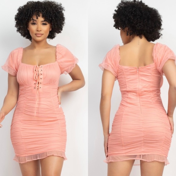 Elegant Peach Ruched Mesh Puff Sleeves Dress - Picture 2 of 14